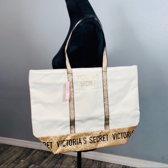 Victoria's Secret Handbags - VICTORIA’S SECRET NEW Gold Glitter Lg Canvas Tote